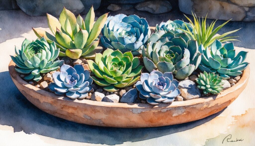 A variety of succulents arranged in a shallow, weathered clay pot, surrounded by rocks and bathed in sunlight