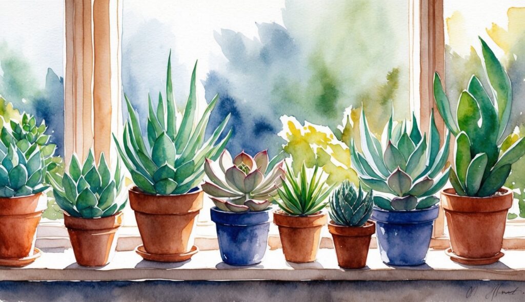 Succulents arranged in pots on a sunny windowsill, with some being rotated to ensure even light exposure