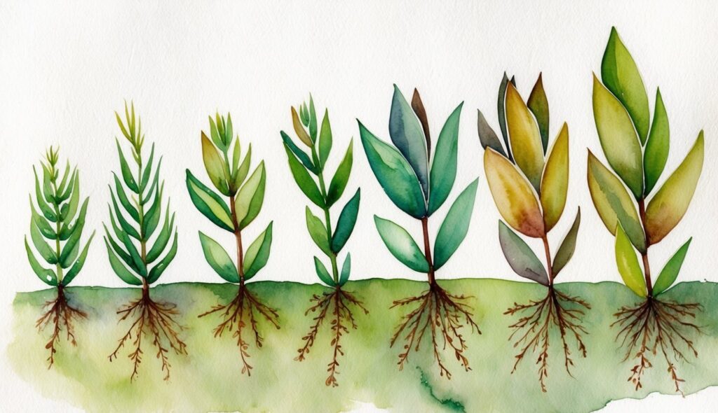 Succulent leaves sprouting new plants in various stages of growth
