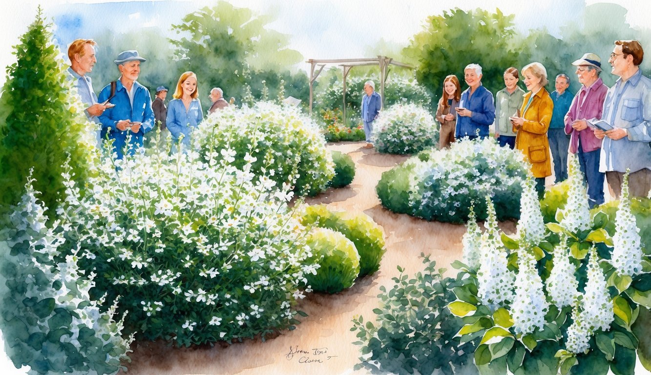 A garden with various white flowering shrubs and bushes, surrounded by curious onlookers with questions in a serene setting