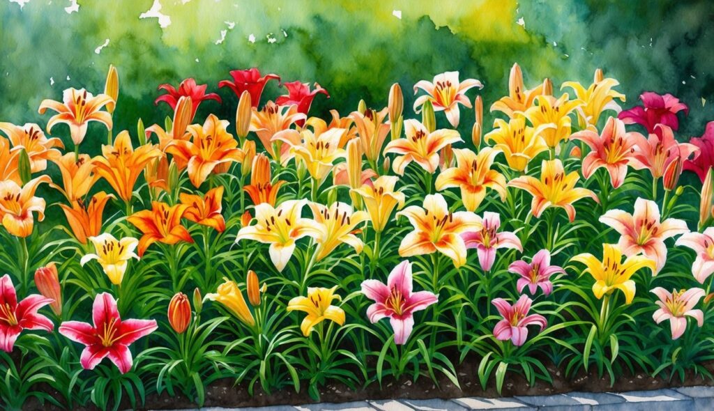 A lush garden bed filled with vibrant daylilies in various shades of red, orange, yellow, and pink, blooming profusely in the sunlight