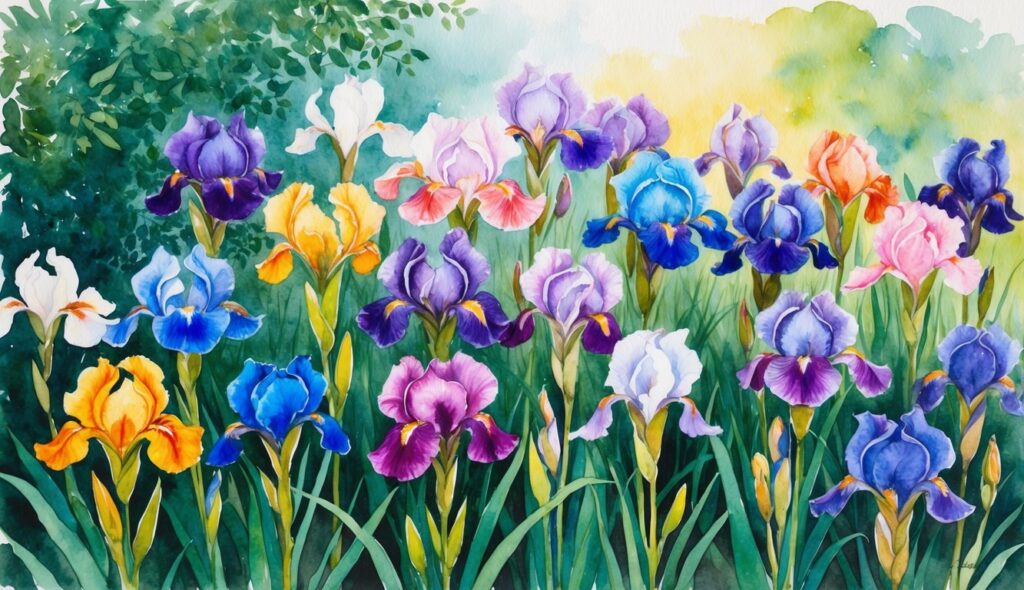 A garden bursting with 33 vibrant irises, their petals swaying in the breeze, surrounded by lush green foliage