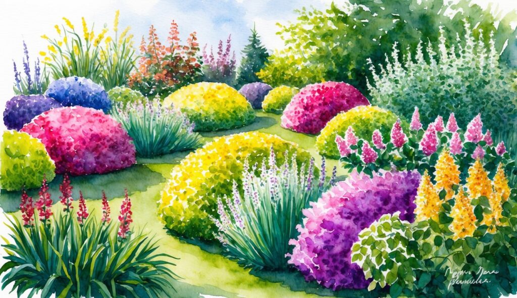 A lush garden filled with 33 vibrant Paper Bush perennials, creating a colorful and lively scene