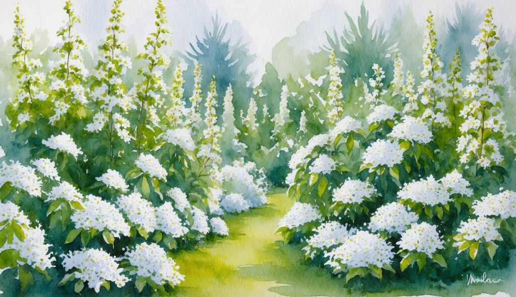 A garden filled with clusters of white summersweet flowering shrubs and bushes, creating a peaceful and inviting atmosphere