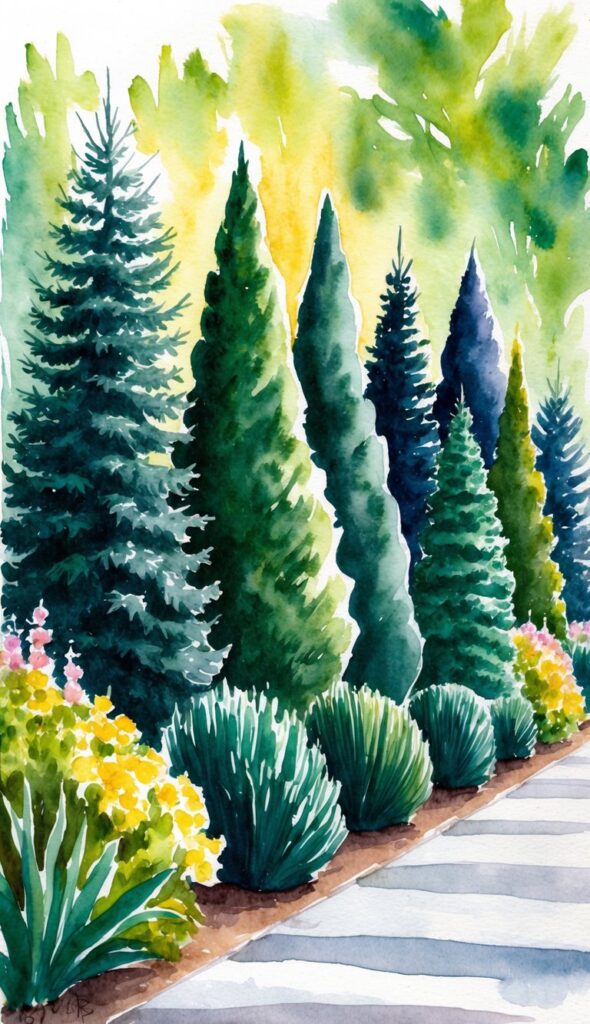 A row of 9 juniper shrubs, varying in height and color, surrounded by vibrant green foliage and blooming flowers
