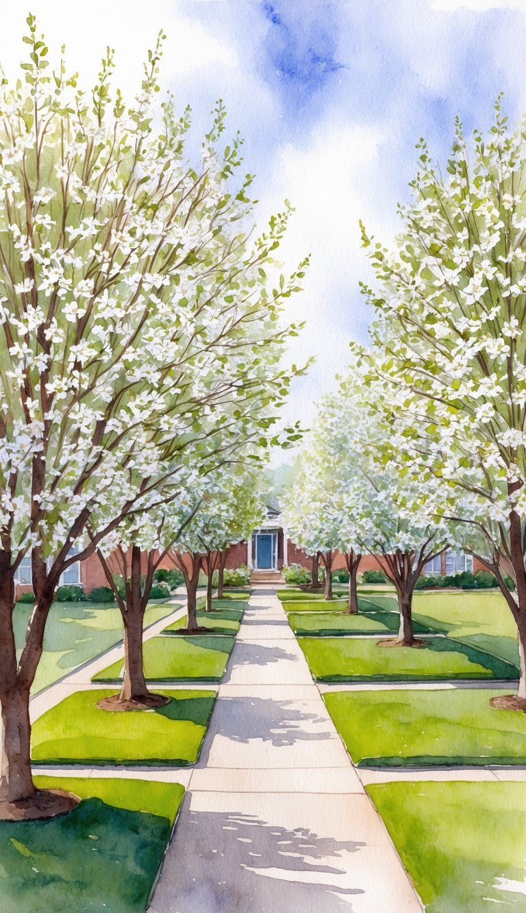 A row of Kousa Dogwood trees in bloom, lining a neatly manicured front yard
