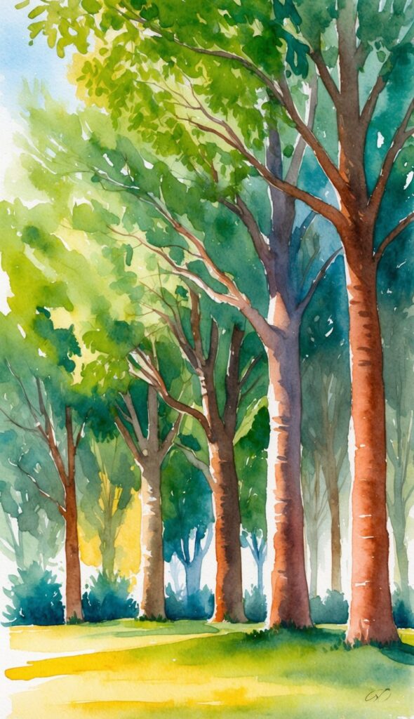 A variety of tall, leafy trees casting shade in a sunny outdoor setting