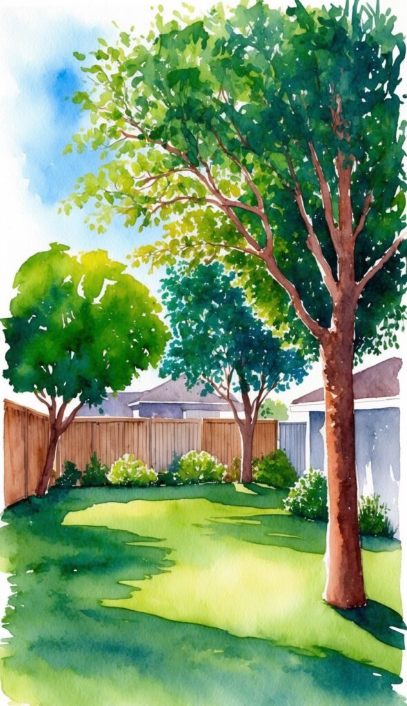 A backyard with various fast-growing trees casting shade on a sunny day