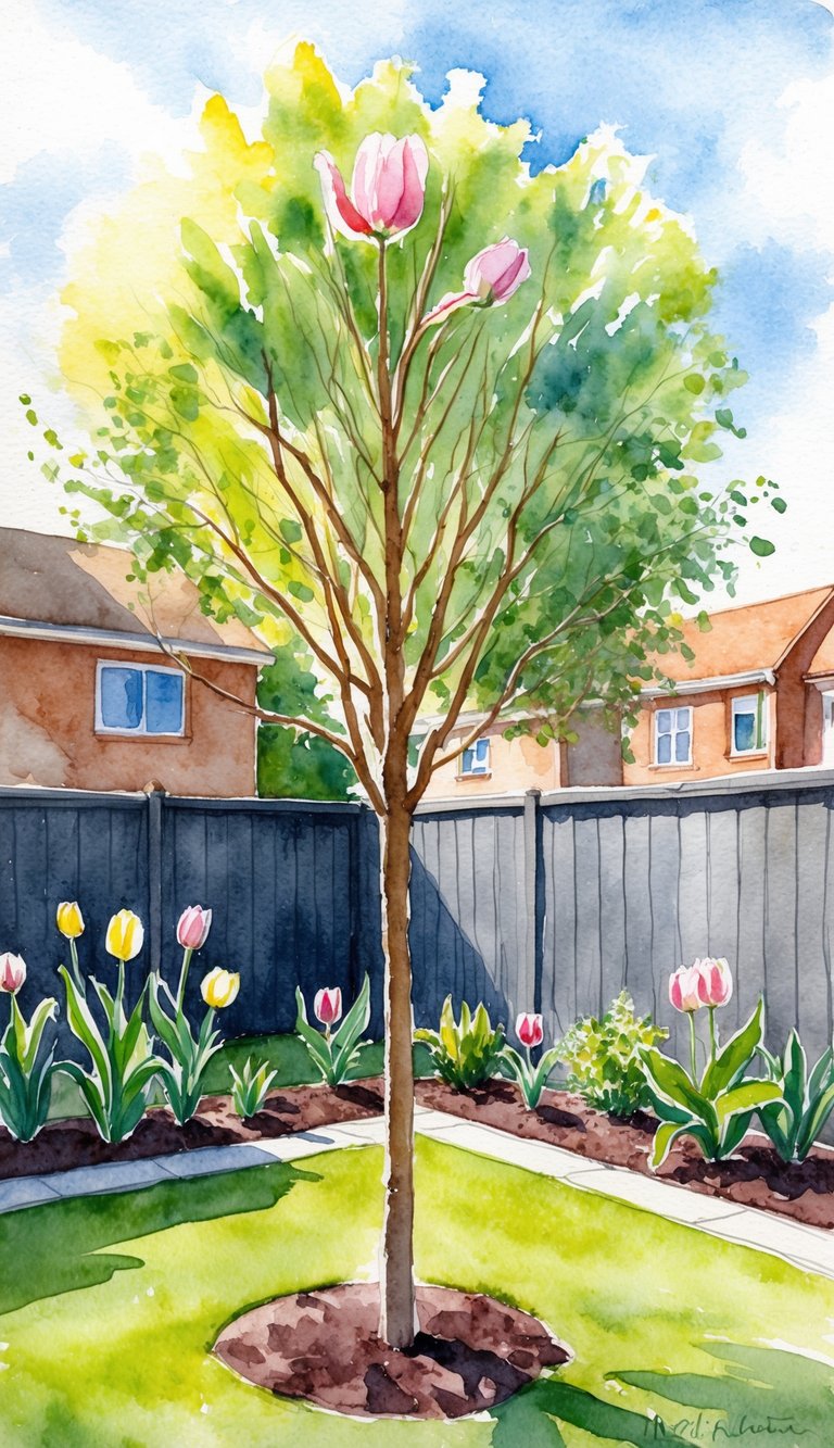 A sunny backyard with a young tulip tree towering over smaller plants, providing shade