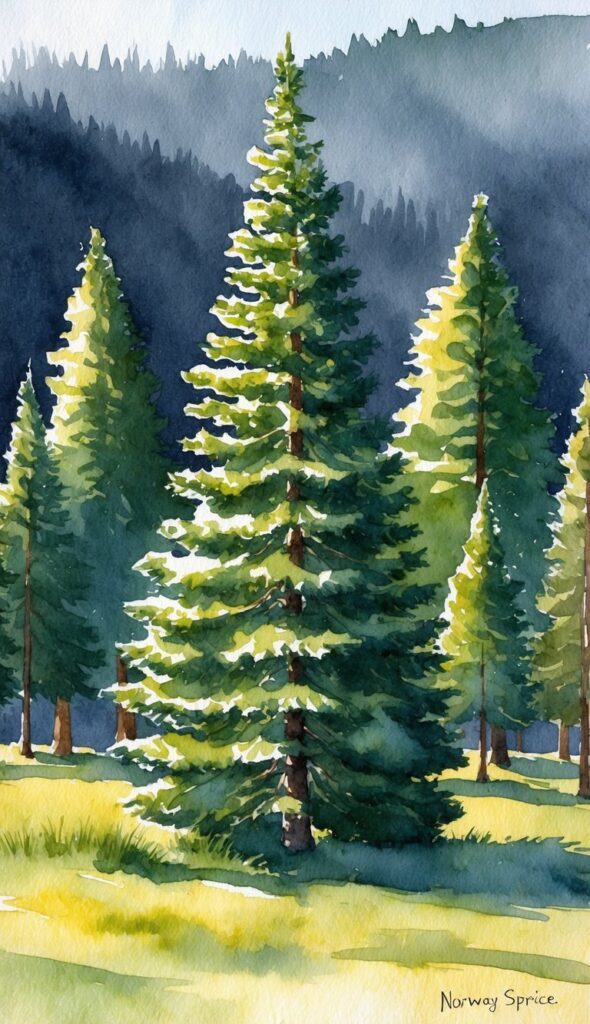 A Norway Spruce stands tall among 10 other fast-growing trees, casting shade over the landscape