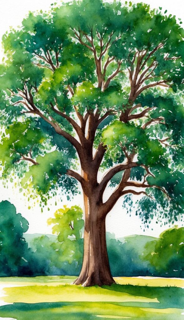 A Shumard Oak tree towering over a lush green landscape, casting a wide and cooling shade