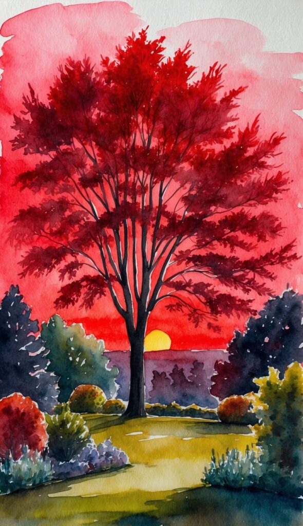 A vibrant red sunset illuminates a mature maple tree, casting a warm glow over a peaceful garden