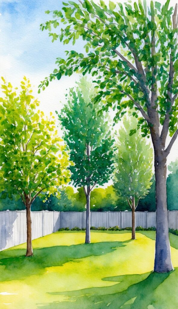 A sunny yard with various fast-growing trees casting shade over the grassy area. The trees are tall and leafy, creating a cool and inviting space