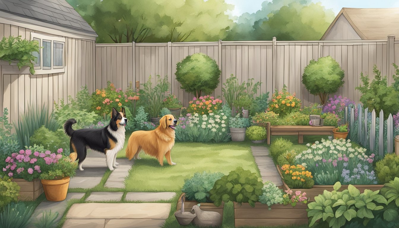 A backyard with 10 different types of dog-safe plants, varying in size and color, surrounded by a picket fence and a cozy doghouse in the corner