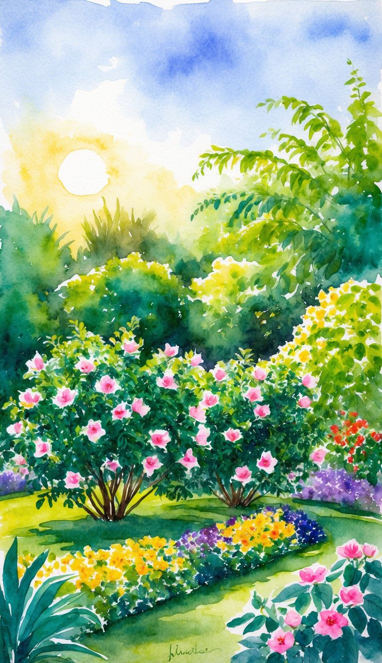 A vibrant garden with 27 jubilation gardenia shrubs basking in the full sun, surrounded by lush greenery and colorful flowers