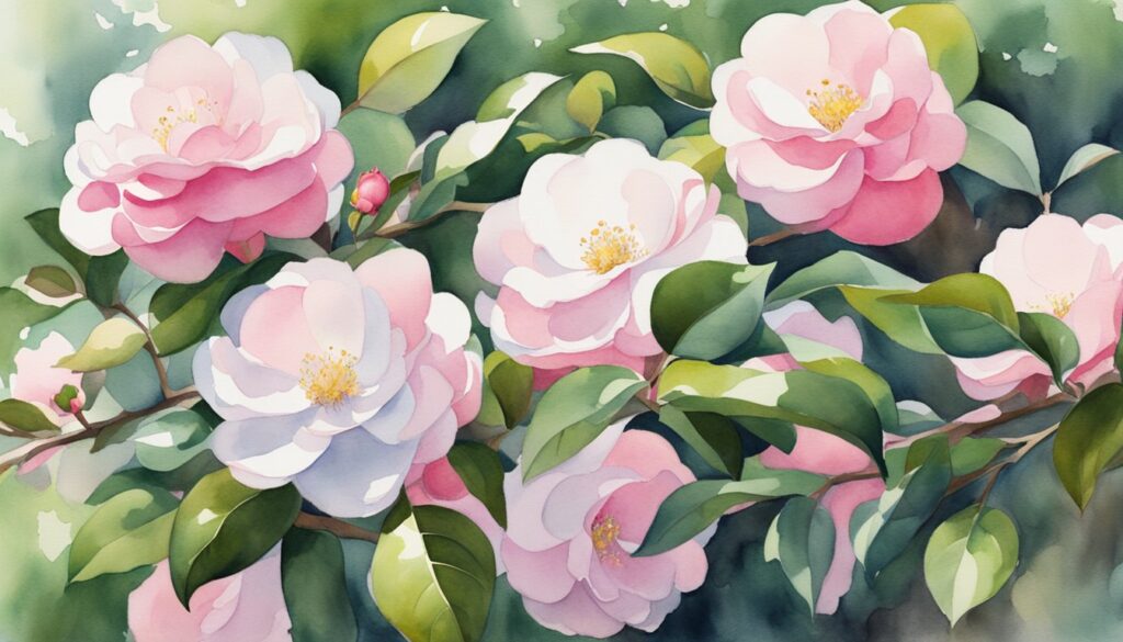 Lush camellia bushes in dappled shade with glossy green leaves and vibrant pink or white blooms