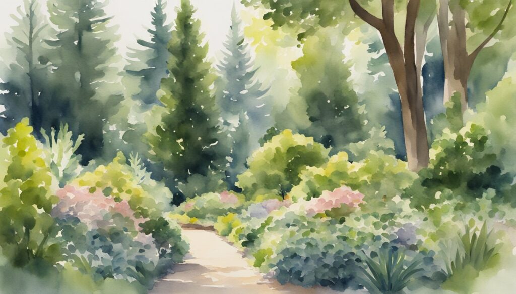 A lush garden with fast-growing evergreen shrubs thriving in the shade, surrounded by towering trees and dappled sunlight filtering through the foliage