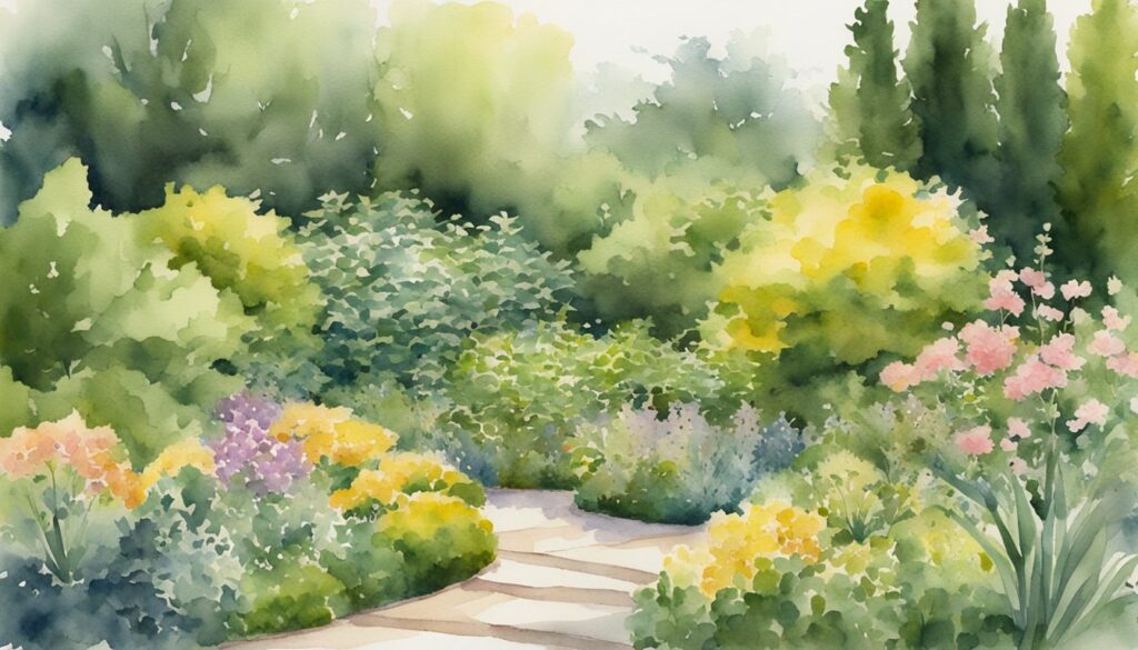 A lush garden bed with Kerria Japonica shrubs thriving in the shade, surrounded by other evergreen plants