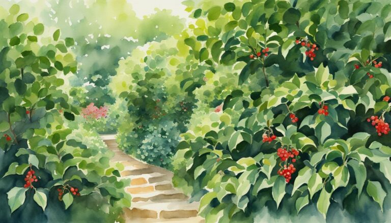 A lush garden of Japanese holly shrubs thrives in the dappled shade, their glossy green leaves and red berries creating a vibrant and serene atmosphere