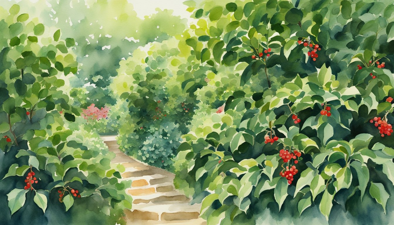 A lush garden of Japanese holly shrubs thrives in the dappled shade, their glossy green leaves and red berries creating a vibrant and serene atmosphere