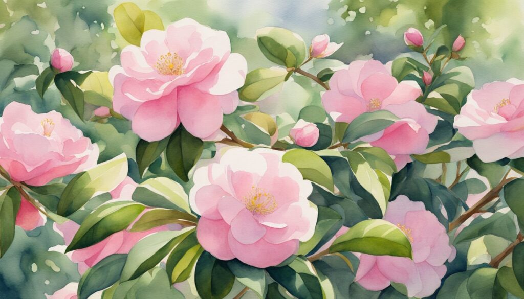 A lush garden with dappled sunlight showcases Camellia Sasanqua shrubs in full bloom, their glossy green leaves providing a vibrant backdrop for the delicate, pink flowers
