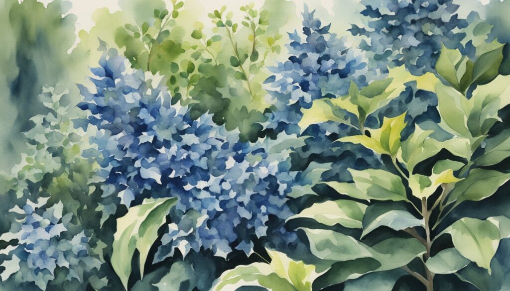A lush garden filled with fast-growing evergreen shrubs, featuring the vibrant blue leaves of the Princess Holly, all thriving in the cool shade