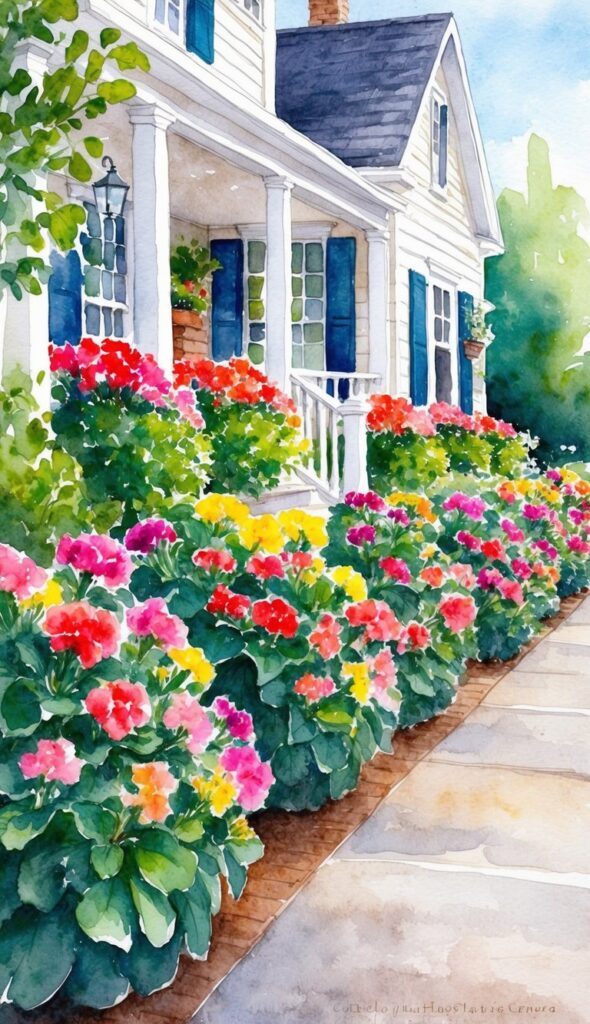 A row of vibrant Geranium 27 shrubs lining the front of a charming house, adding a pop of color and enhancing its curb appeal