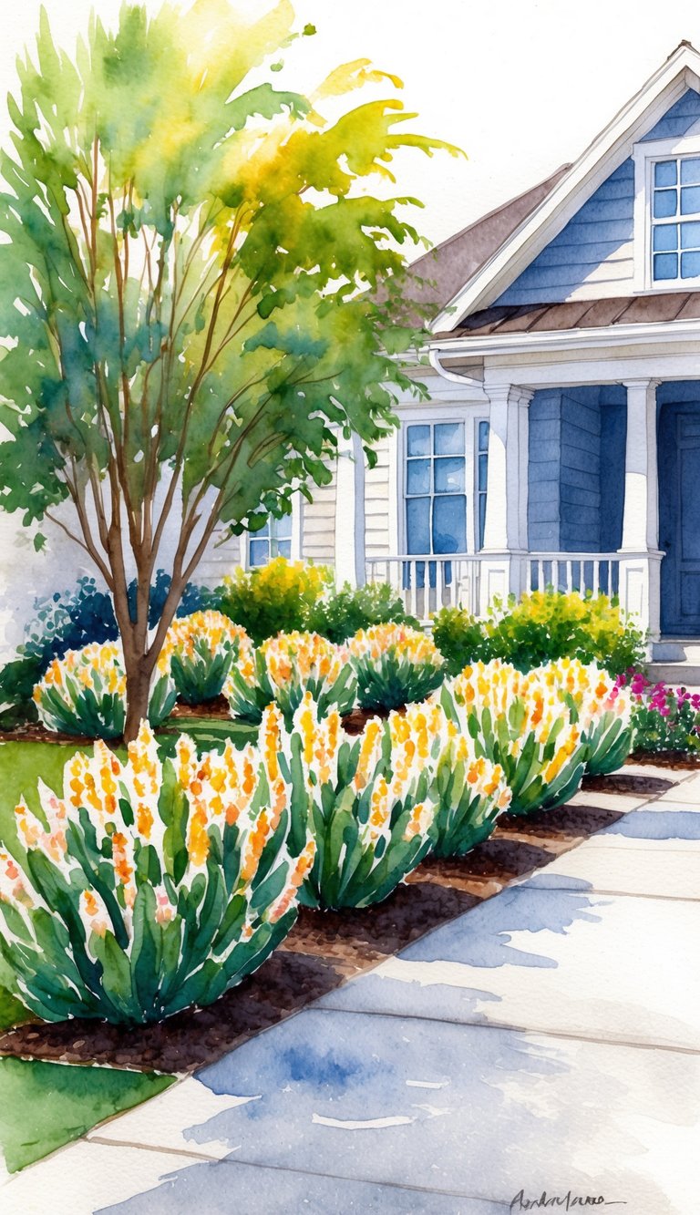 Lush Bacopa 27 shrubs line the front of the house, adding vibrant color and charm to the curb appeal