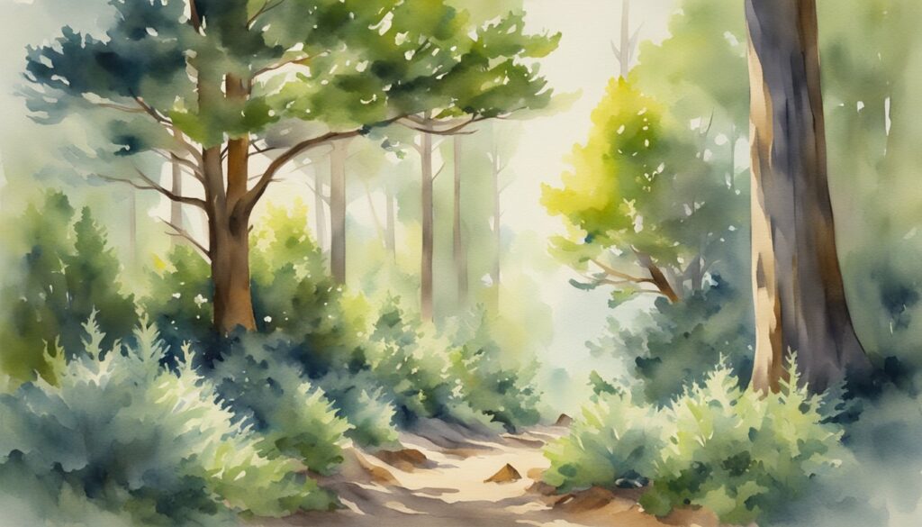 Lush juniper bushes create a cool, shady oasis beneath tall trees. Sunlight filters through the dense foliage, casting dappled patterns on the forest floor