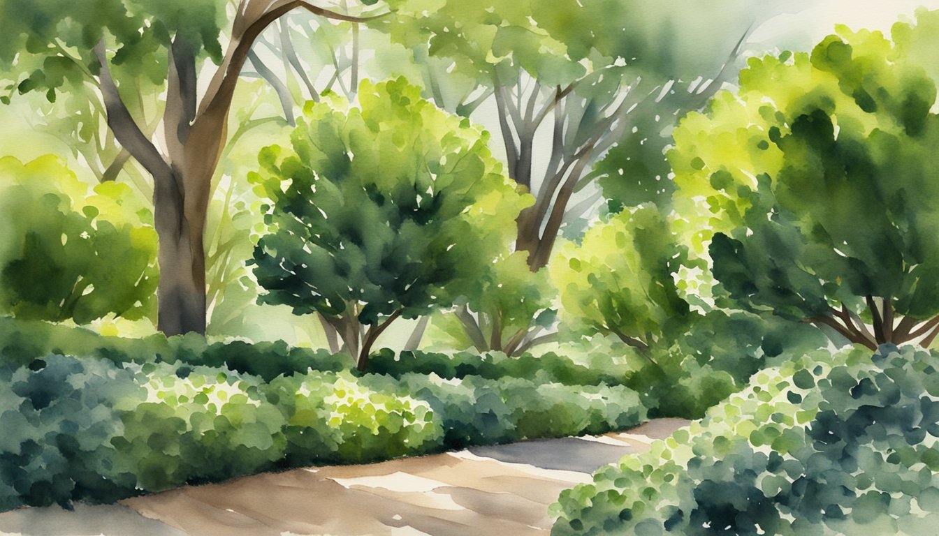 Lush American Boxwood bushes in a shaded garden, with dappled sunlight filtering through the leaves