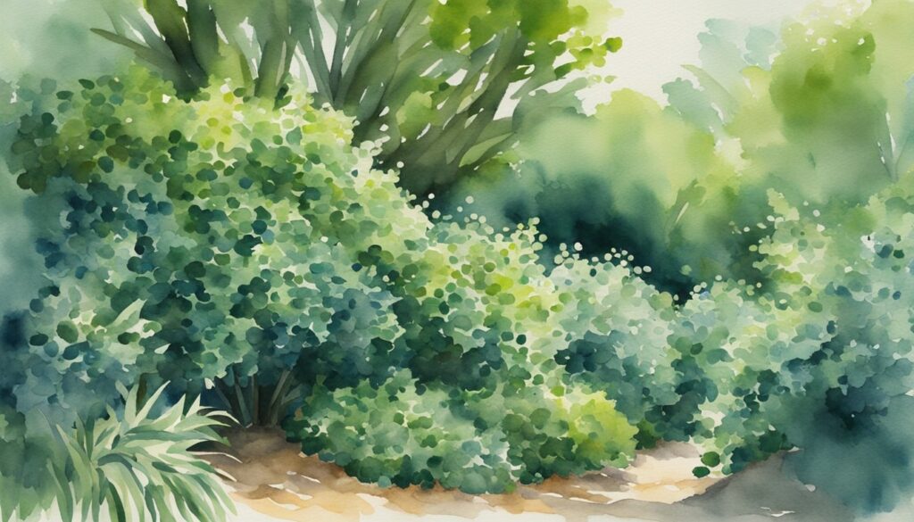 Lush, deep green Distylium bushes spread out in a shaded garden, their delicate blue-green leaves cascading gracefully from the branches