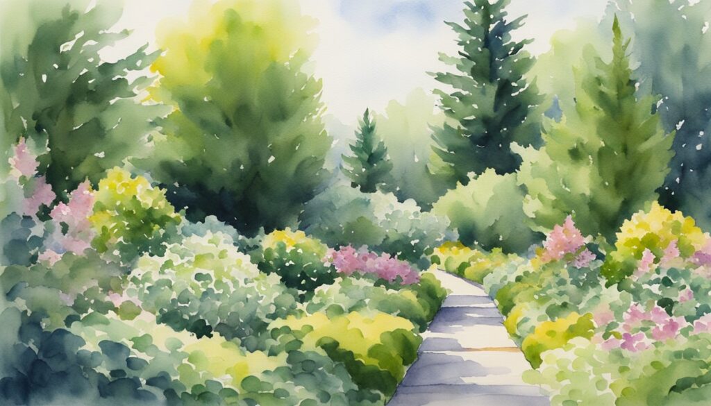 A lush garden with tall evergreen bushes providing shade for Carissa