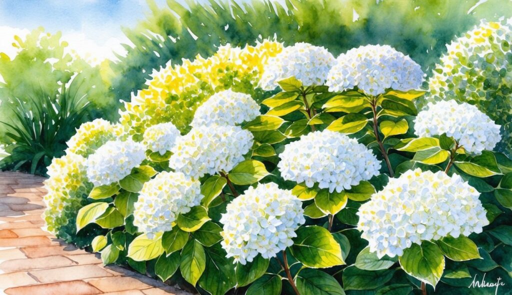 A sunny garden with small and compact white flowering Oakleaf Hydrangea bushes