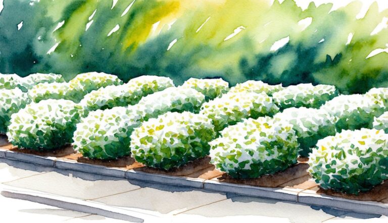 Small, compact white flowering bushes in a neat row, surrounded by lush green foliage and dappled sunlight