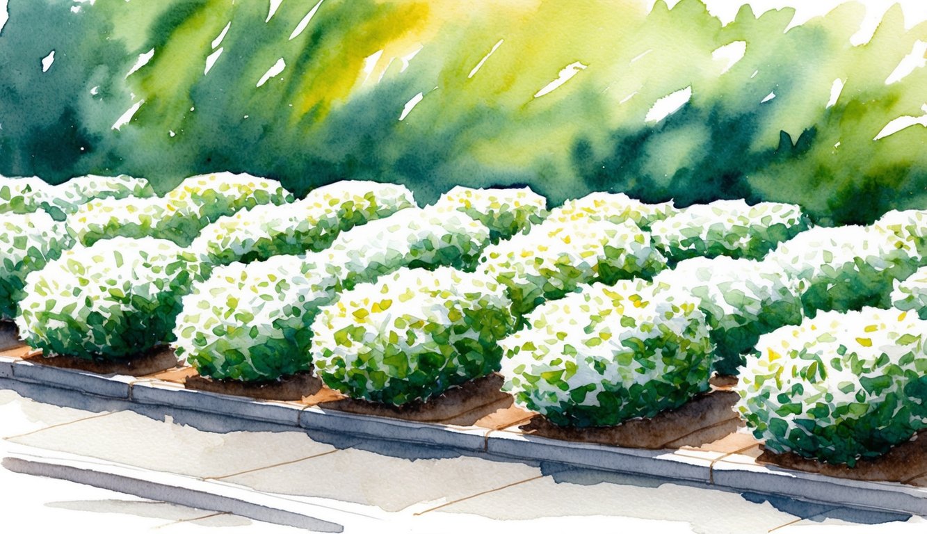 Small, compact white flowering bushes in a neat row, surrounded by lush green foliage and dappled sunlight