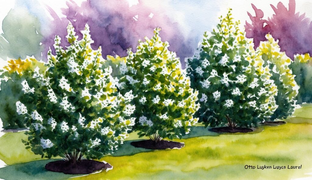 A garden with small, compact Otto Luyken Laurel bushes in full bloom