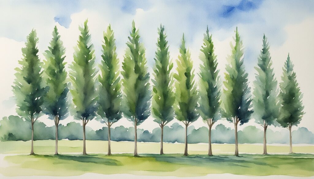 Ten false cypress trees arranged in a row, creating a dense and lush green privacy screen. The tall and slender trees stand against a backdrop of a clear blue sky