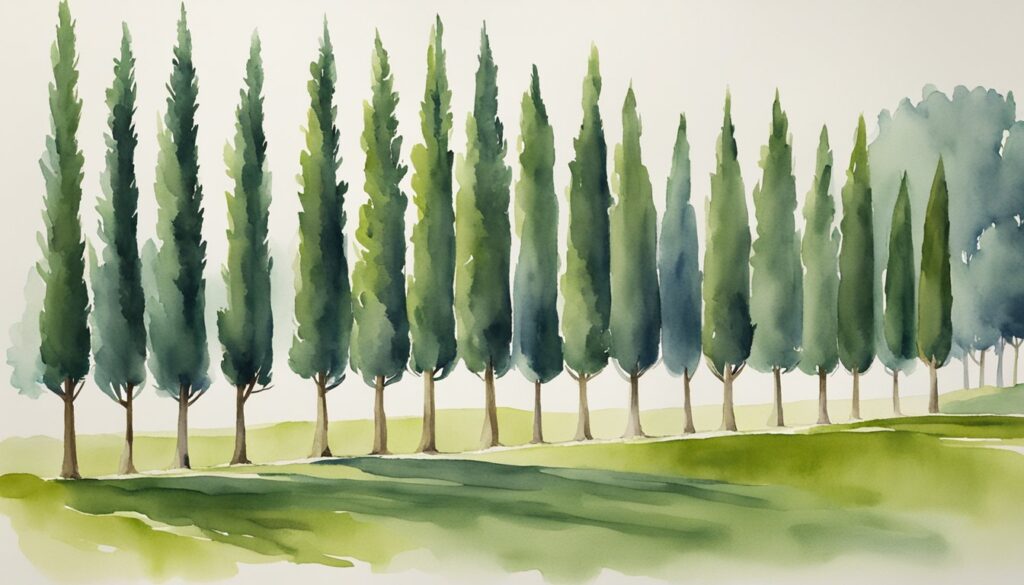 Ten Italian cypress trees stand tall in a row, creating a dense and lush privacy screen. The slender, columnar trees are closely planted, with their deep green foliage forming a seamless barrier