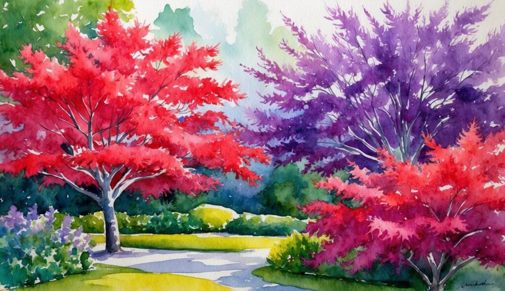 A lush garden with vibrant red and purple Japanese maple trees, their delicate leaves swaying in the gentle breeze