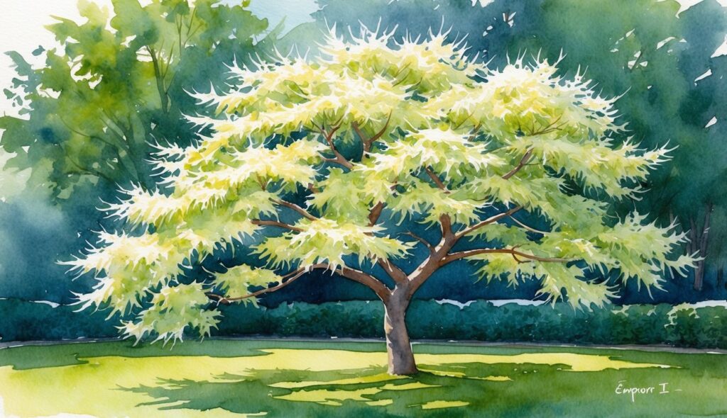 Acer palmatum 'Emperor I' Japanese Maple tree stands in a serene garden, its delicate leaves casting dappled shadows on the ground