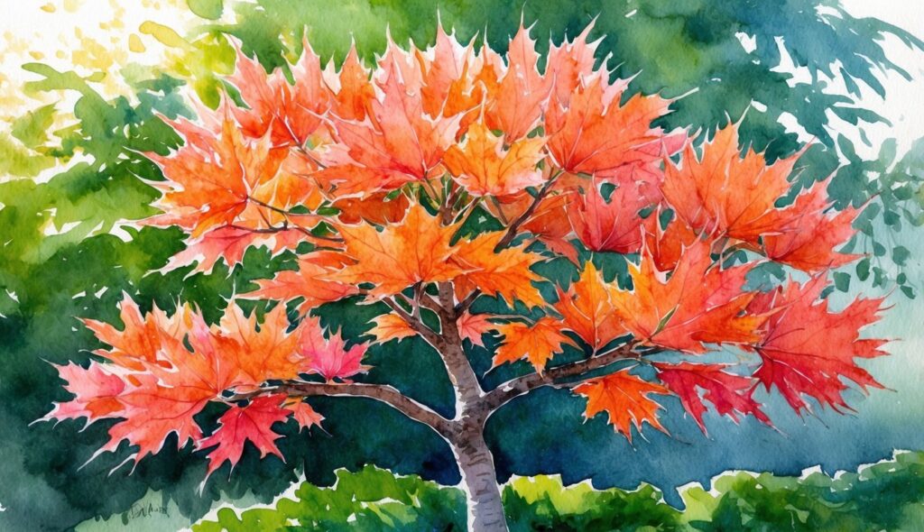 Acer palmatum 'Orangeola' Japanese Maple tree with vibrant orange-red leaves, set against a backdrop of lush green foliage and dappled sunlight