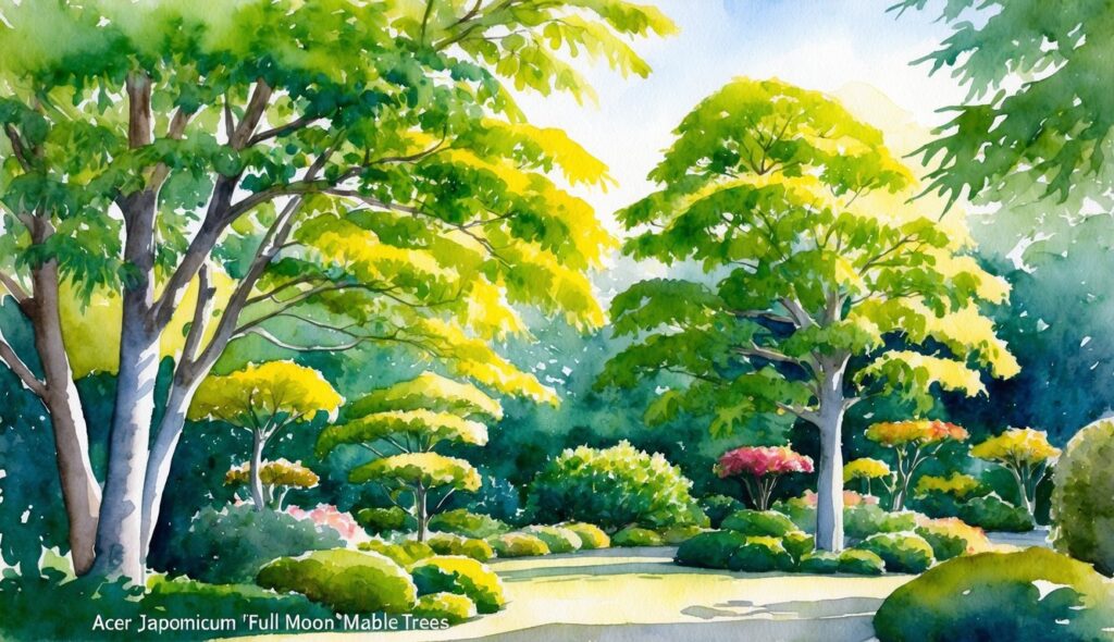 A lush garden with a variety of Acer japonicum 'Full Moon' Japanese Maple trees, their vibrant green leaves casting dappled shadows on the ground