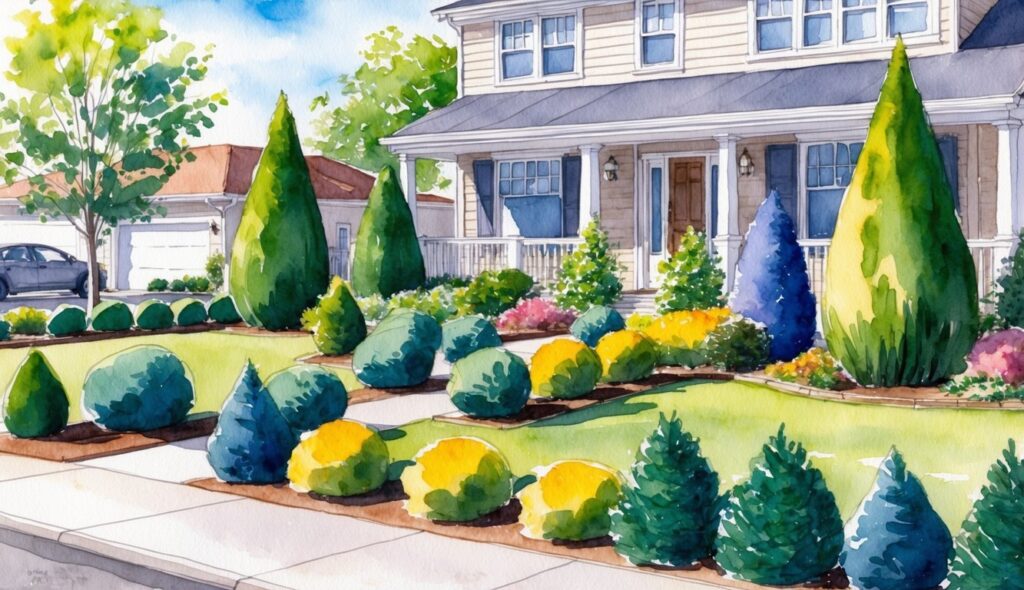 A sunny front yard with neatly arranged shrubs of varying heights and colors, creating a visually appealing garden design