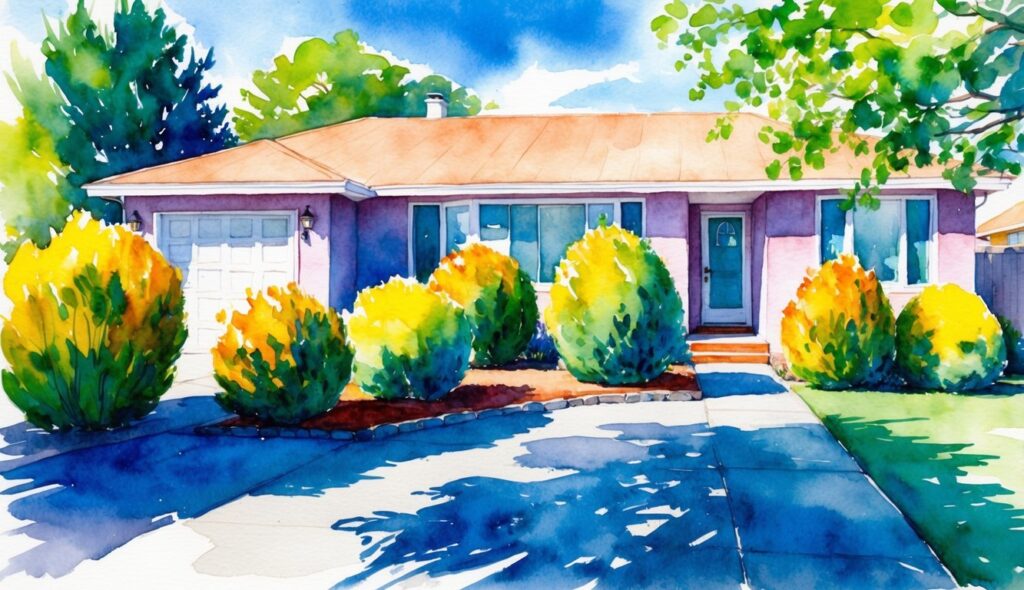 A sunny front yard with vibrant shrubs, casting shadows on the house. Blue sky and bright sunlight illuminate the scene