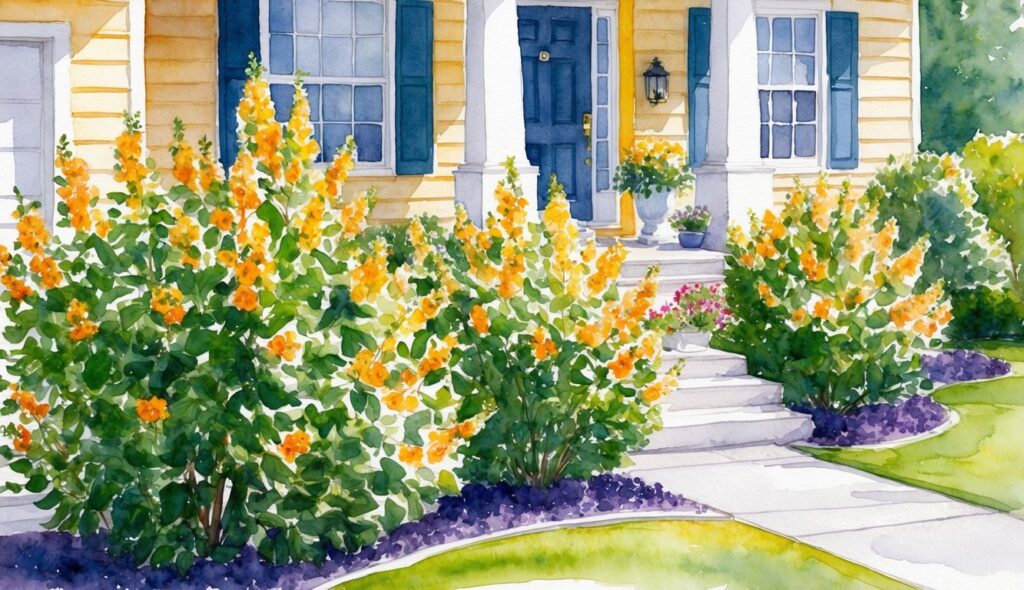 A sunny front yard with Indian Hawthorn Marvel shrubs in full bloom, adding color and charm to the house exterior