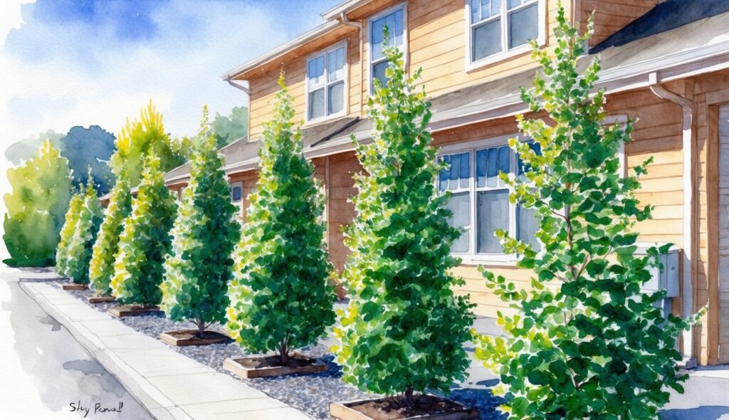 A row of Sky Pencil Japanese Holly shrubs stand tall in front of a house, basking in the full sun