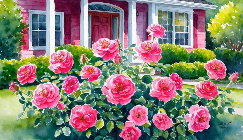 Vibrant pink Double Knock Out roses in full sun, framing the front of a house with lush green shrubs
