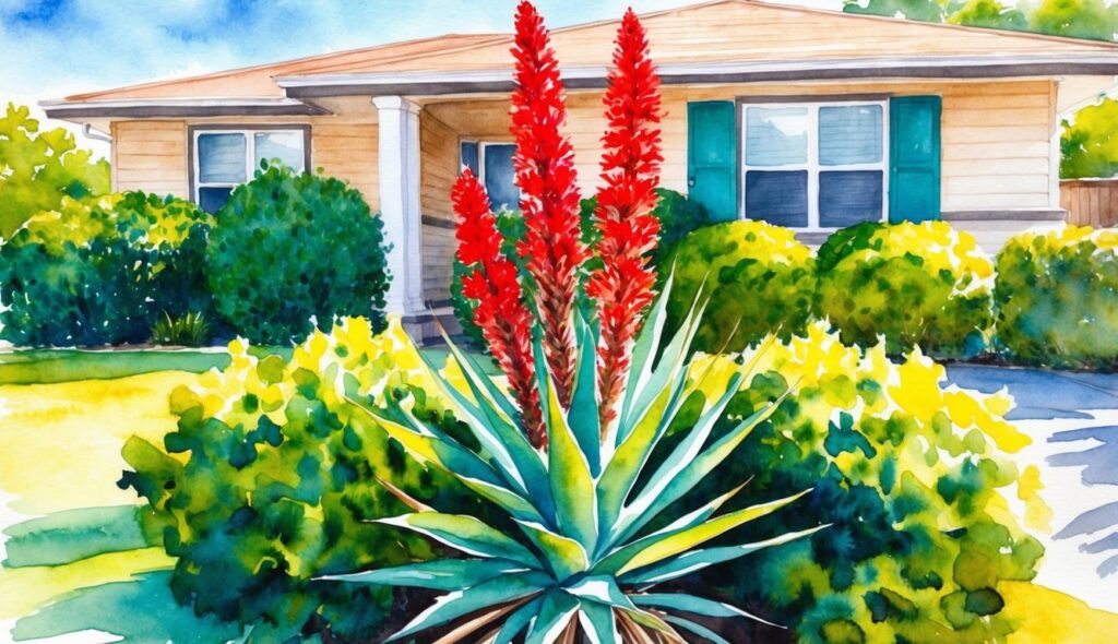 A vibrant yucca plant with fiery red blooms stands in front of a house, surrounded by lush green shrubs, all basking in the bright sunlight