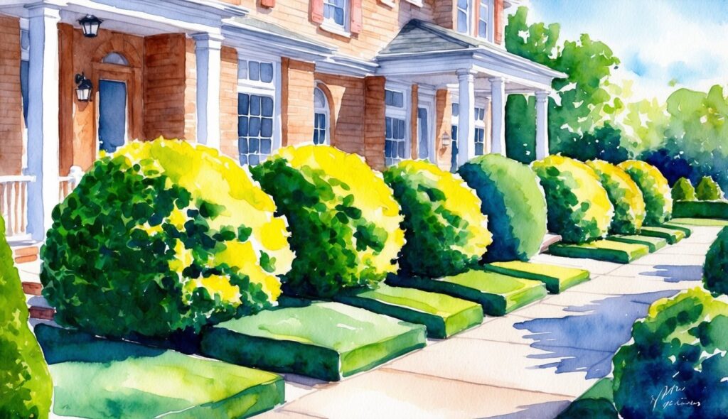 A sunny garden with vibrant yew shrubs lining the front of a house, creating a delightful and welcoming entrance
