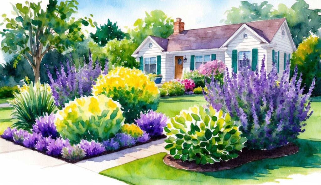 A colorful garden with lavender shrubs in full sun, surrounded by a well-maintained front yard with a charming house in the background